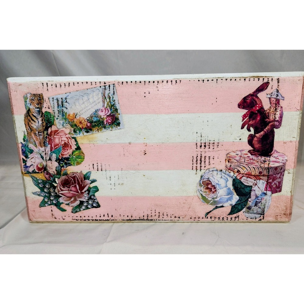 Shabby Chic Wooden Step Stool Bench Pink & White Floral Rabbit Tiger Cottage...